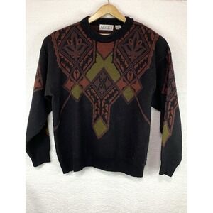 Aggio Men XL Black Sweater Alpaca Lambswool Crewneck Pullover Geometric Grandpa